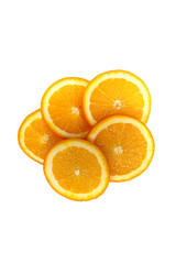 Juicy orange cut into pieces and put on a white surface.