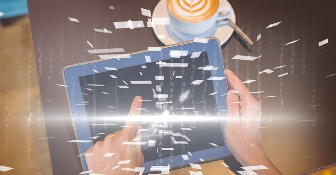 Hands using digital tablet with overlay - Powered by Adobe