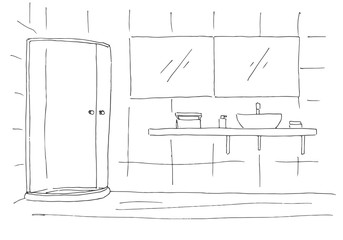 Hand drawn sketch. Linear sketch of an interior. Part of the bathroom. Vector illustration