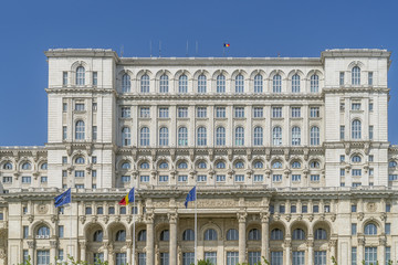 Fototapeta premium Detail of the facade of the impressive Parliament Building in Bucharest, Romania, on a sunny day