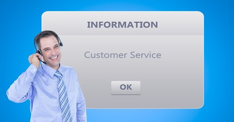 Customer service representative using headset by dialog box