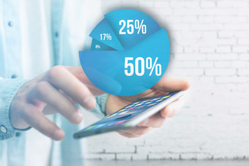 Blue survey graph interface with business theme going out a smartphone - Technology concept