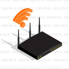 Isometric wireless router device with three antennas, wifi icon. Internet network, wifi router communication, vector illustration. Free wifi pattern background. - obrazy, fototapety, plakaty