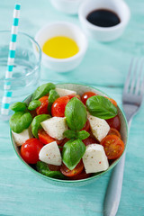 caprese salad on turquoise background