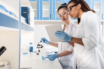 Professional young scientists using digital tablet while making experiment in chemical laboratory, scientists working together