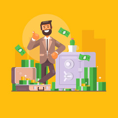 Saving money. Business, finance and investment concept. Businessman character standing near safe full of money. Flat vector illustration