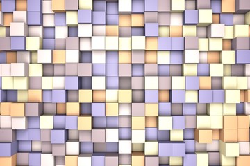3d illustration: mosaic abstract background, colored blocks purple - violet - brown - beige color. Range of shades. Wall of cubes. Pixels art.