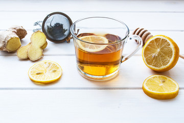 A cup of tea with lemon