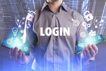 Business, Technology, Internet and network concept. Young businessman working on a virtual screen of the future and sees the inscription: Login