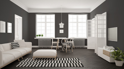 Fototapeta na wymiar Bright minimalist living room with sofa and dining table, scandinavian white and gray interior design