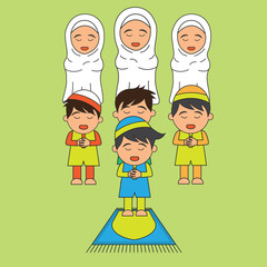 Muslims doing praying (salah), Islamic concept for daily activity and Ramadan holy month, vector illustration