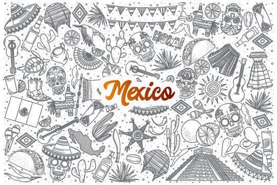 Hand drawn Mexico doodle set background with orange lettering in vector
