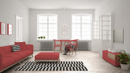 Bright minimalist living room with sofa and dining table, scandinavian white and red interior design