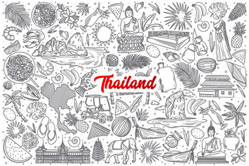 Naklejka premium Hand drawn Thailand doodle set background with red lettering in vector