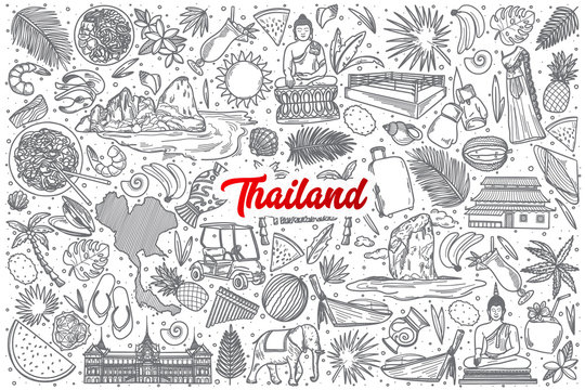 Hand drawn Thailand doodle set background with red lettering in vector