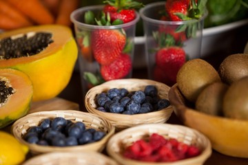 Various fruits in wicker basket