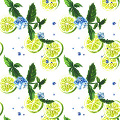 Mojito watercolor painted seamless pattern on white background, lime slices, ice cubes, mint leaves, drops.