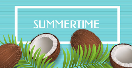 Horizontal banner with realistic coconut fruit, on turquoise background. Frame for summer, holiday and tropical design, vector illustration