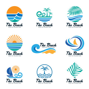 The beach logo with sea wave , coconut leaf , boat and sun vector set design