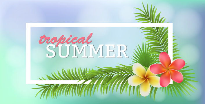 Tropical frame with flowers and palm tree. Summer and holiday design, vector illustration
