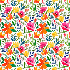 Seamless pattern with bright summer meadow flowers, Floral ornament.