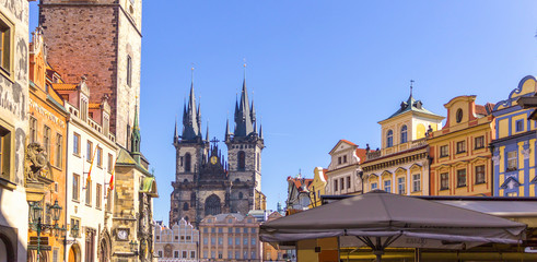Obraz premium The square of the Old Town and the Gothic towers of the Church of Our Lady before Týn. Area of the Old Town Prague ,Czech Republic.