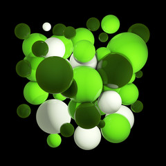 Group of colored 3d spheres. Flying spheres, abstract bubbles. Green balls, Isolated round orbs. 3D illustration