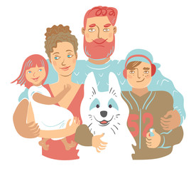Happy family and their white dog are standing close together