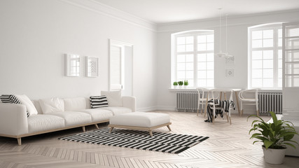 Bright minimalist living room with sofa and dining table, scandinavian white interior design - obrazy, fototapety, plakaty