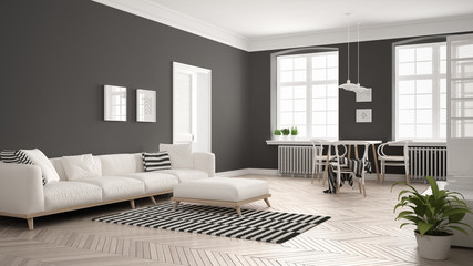 Bright minimalist living room with sofa and dining table, scandinavian white and gray interior design © ArchiVIZ