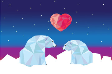 Low poly polar bears sitting on ice and looking each other.