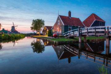 Canals and mills at the blue hour, Zaanse Schans near Amsterdam
