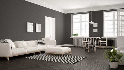 Bright minimalist living room with sofa and dining table, scandinavian white and gray interior design