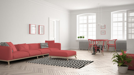 Bright minimalist living room with sofa and dining table, scandinavian white and red interior design