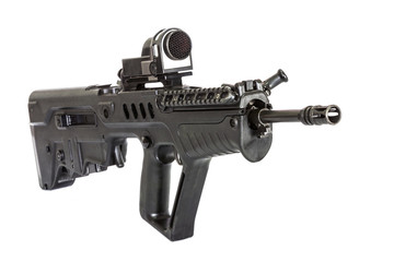 close up automatic assault rifle isolated on white background