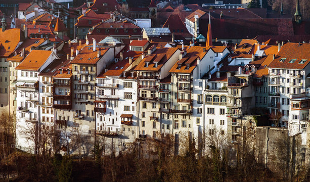 Old buildings of medieval city Fribourg, Switzerland, aerial view