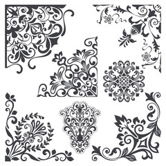 Vintage decorative floral corner design elements vector set.