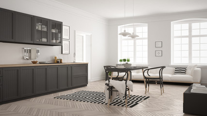 Minimalist modern kitchen with dining table and living room, white and gray scandinavian interior design