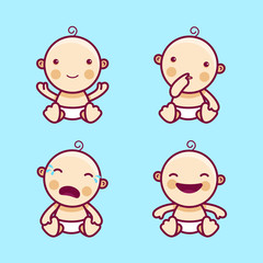 Vector flat linear illustration - newborn baby with different facial expressions