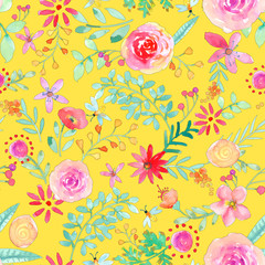 Watercolor hand painted rose floral seamless pattern