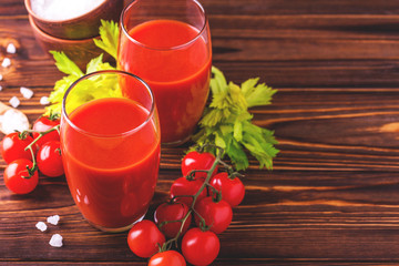Glasses of tomato juice. Healthy food concept.