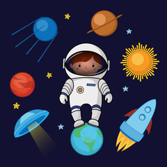 Little girl spaceman in space, rocket satellite UFO planets stars, cartoon vector illustration isolated on dark background. Little girl, kid spaceman in space, shuttle, satellite, planets, stars