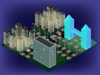 Isometric city streets with buildings, lights, traffic lights, cars
