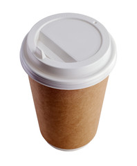 Top view and close-up of cup with lid for hot beverage on white background. Studio shot with clipping path.