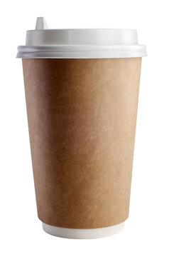 Front view and close-up of cup with lid for hot beverage on white background. Studio shot with clipping path.