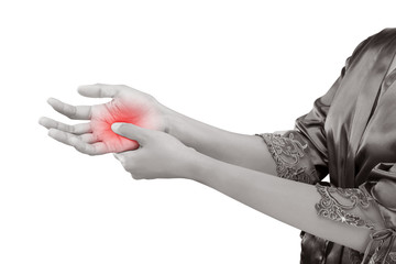 Woman holding her hand, Pain concept, De Quervain's tenosynovitis, isolate on white background