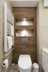 Interior of a small bathroom towel warmer