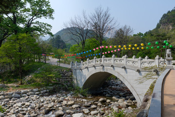 Stone bridge over the empty river in Korean national park