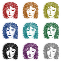 Tranquil girl face - colorful airbrush sketch set