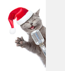 Kitten with retro microphone in red santa hat peeking from behind empty board. isolated on white background